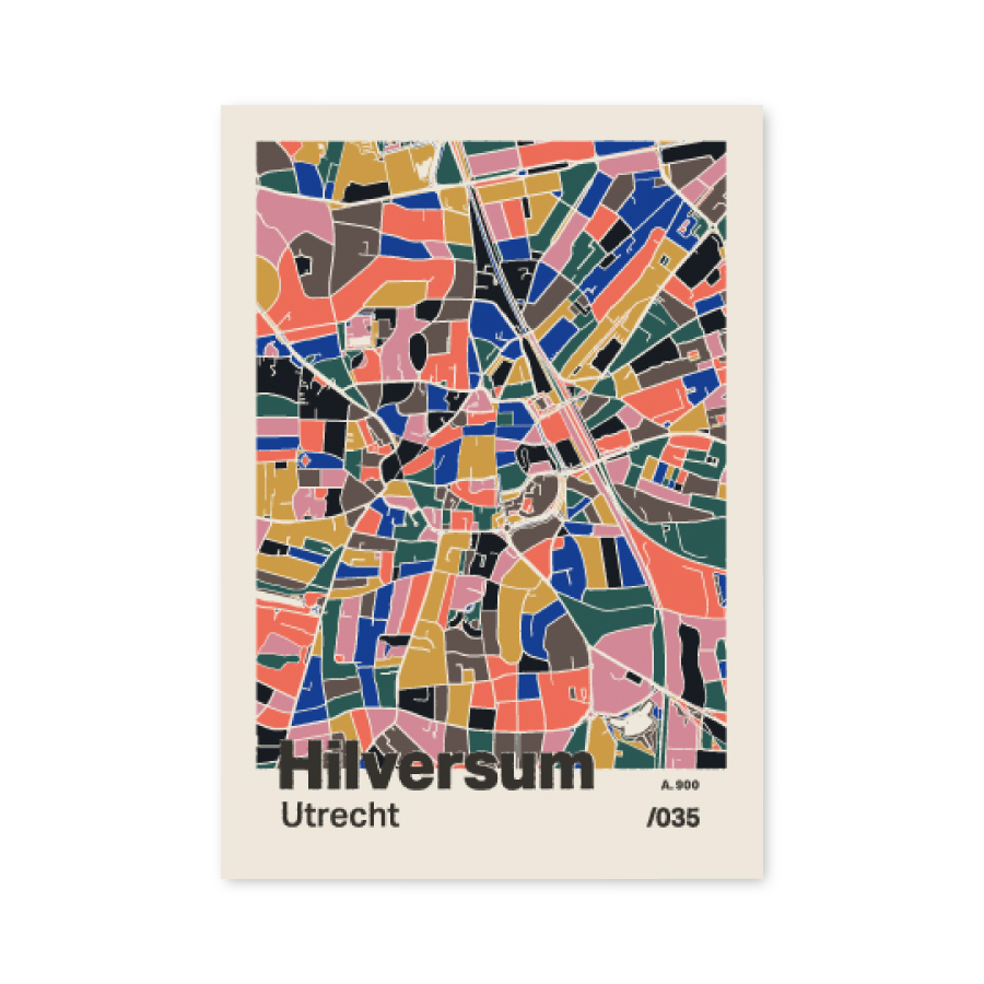 Plattegrond poster Licht Hilversum mozaiek stl 05 mockup A6 schaduw voorkant | Funky Fellow