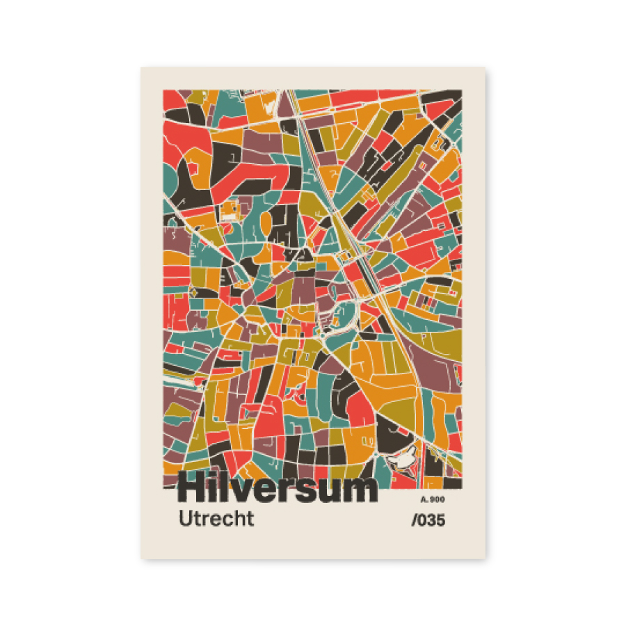 Plattegrond poster Licht Hilversum mozaiek stl 07 mockup A6 schaduw voorkant | Funky Fellow