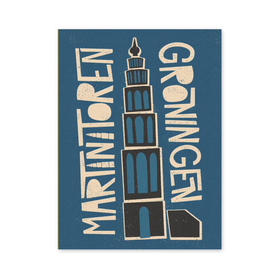 Poster met illustratie van de Martinitoren in Groningen, vormgegeven in een speelse retrostijl.