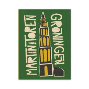 Poster met illustratie van de Martinitoren in Groningen, vormgegeven in een speelse retrostijl.