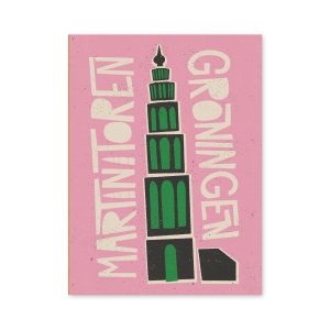 Poster met illustratie van de Martinitoren in Groningen, vormgegeven in een speelse retrostijl.
