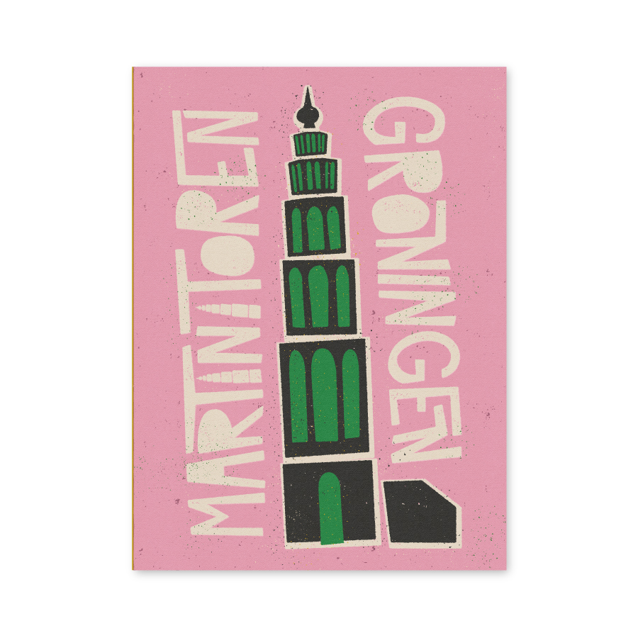 Poster met illustratie van de Martinitoren in Groningen, vormgegeven in een speelse retrostijl.