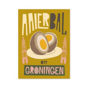 Illustratie van de Groningse eierbal in een speelse retrostijl, verkrijgbaar als poster en ansichtkaart.