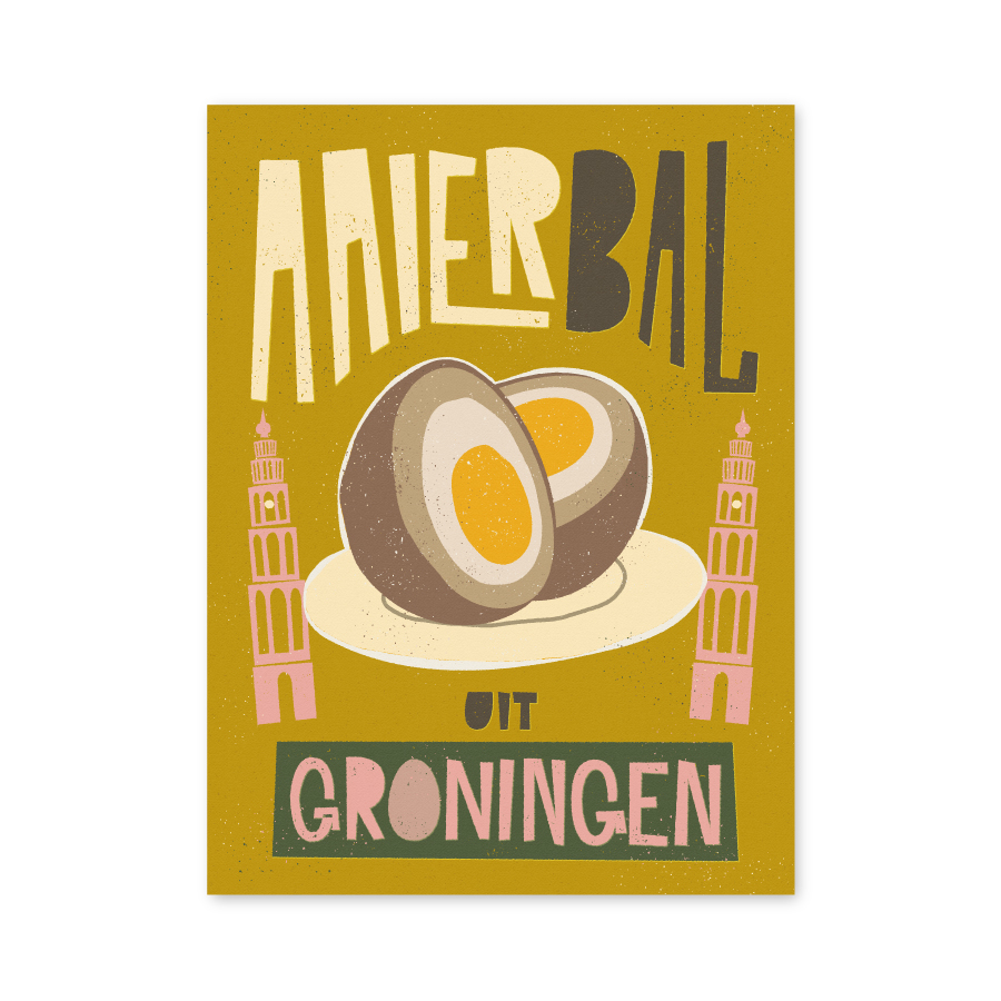 Illustratie van de Groningse eierbal in een speelse retrostijl, verkrijgbaar als poster en ansichtkaart.