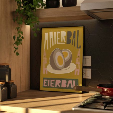 Illustratie van de Groningse eierbal in een speelse retrostijl, verkrijgbaar als poster en ansichtkaart.