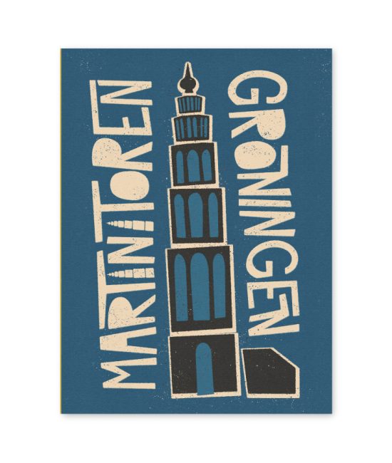 Poster met illustratie van de Martinitoren in Groningen, vormgegeven in een speelse retrostijl.