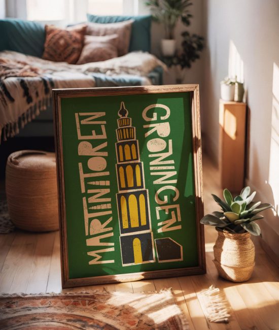 Poster met illustratie van de Martinitoren in Groningen, vormgegeven in een speelse retrostijl.