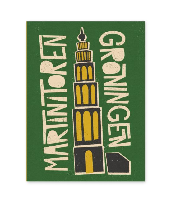 Poster met illustratie van de Martinitoren in Groningen, vormgegeven in een speelse retrostijl.