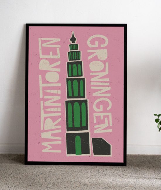 Poster met illustratie van de Martinitoren in Groningen, vormgegeven in een speelse retrostijl.