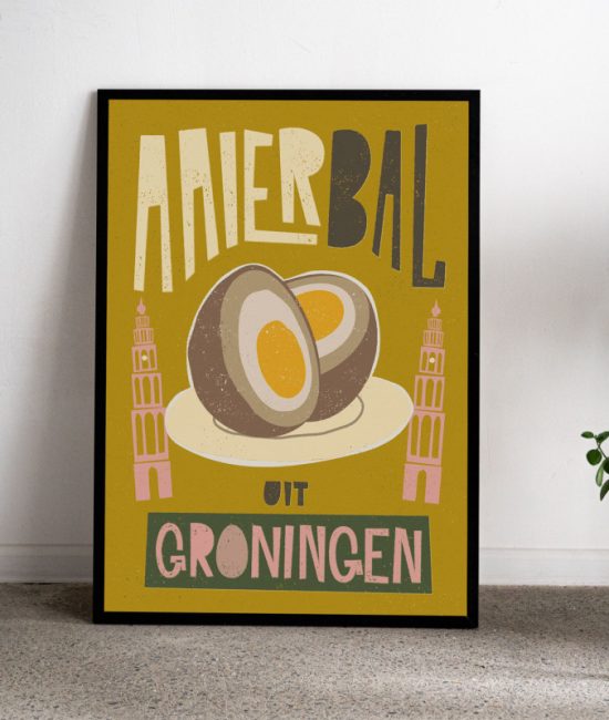 Illustratie van de Groningse eierbal in een speelse retrostijl, verkrijgbaar als poster en ansichtkaart.