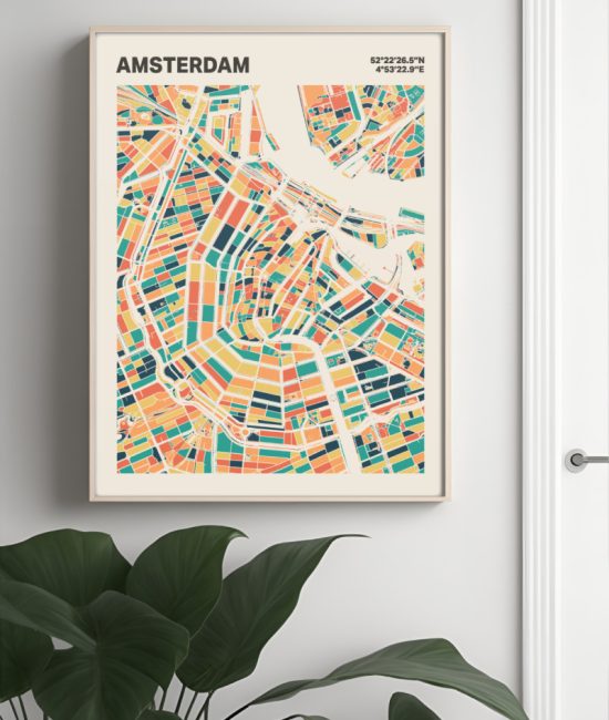 Plattegrond poster Licht Amsterdam mozaiek stl 01 Mockup muur plant lijst 04 | Funky Fellow