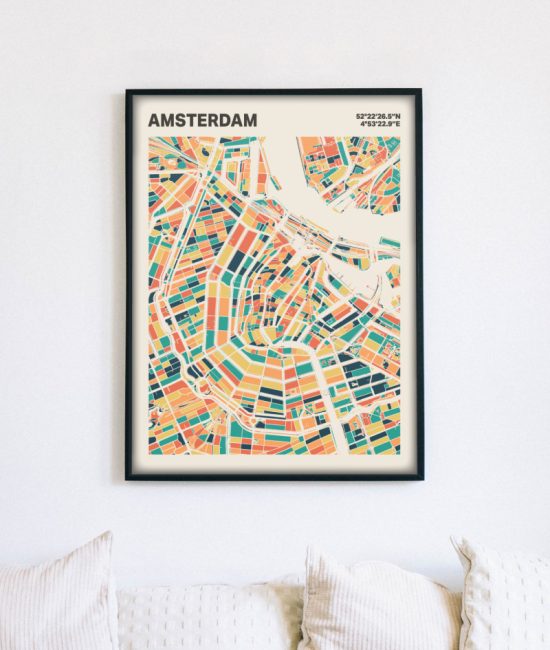 Plattegrond poster Licht Amsterdam mozaiek stl 01 mockup lijst muur bank 02 | Funky Fellow
