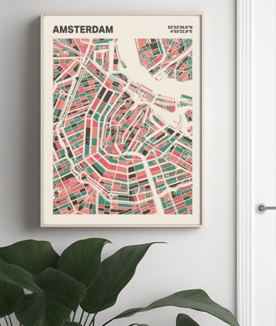 Plattegrond poster Licht Amsterdam mozaiek stl 02 Mockup muur plant lijst 04 | Funky Fellow