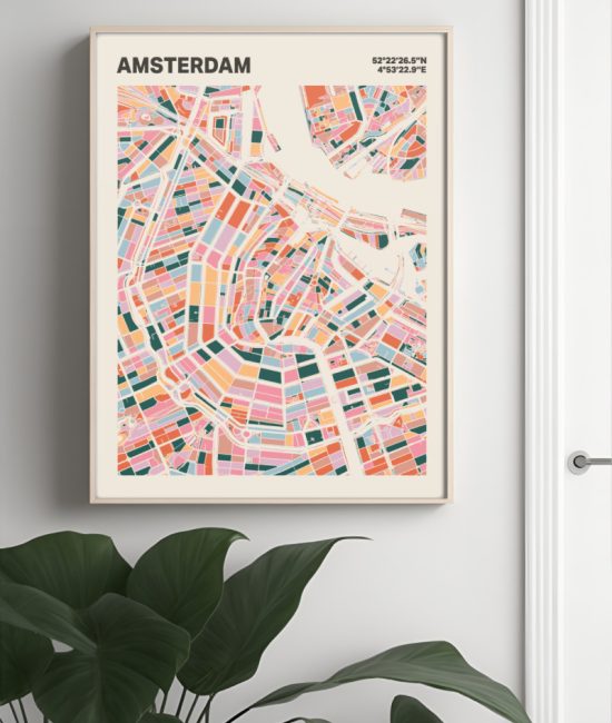 Plattegrond poster Licht Amsterdam mozaiek stl 04 Mockup muur plant lijst 04 | Funky Fellow