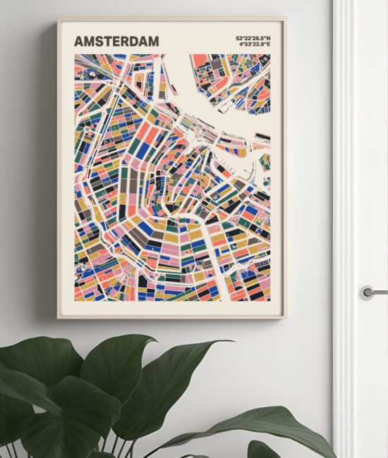 Plattegrond poster Licht Amsterdam mozaiek stl 05 Mockup muur plant lijst 04 | Funky Fellow