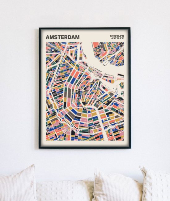 Plattegrond poster Licht Amsterdam mozaiek stl 05 mockup lijst muur bank 02 | Funky Fellow