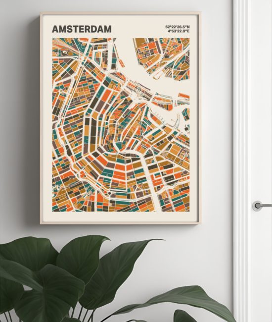Plattegrond poster Licht Amsterdam mozaiek stl 06 Mockup muur plant lijst 04 | Funky Fellow