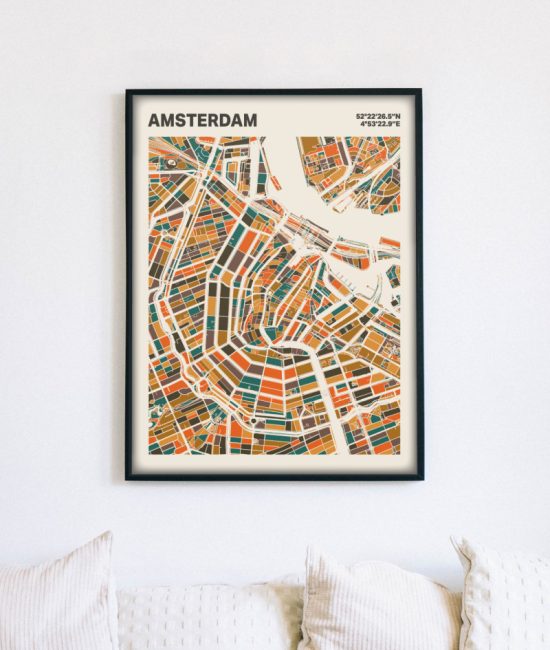 Plattegrond poster Licht Amsterdam mozaiek stl 06 mockup lijst muur bank 02 | Funky Fellow