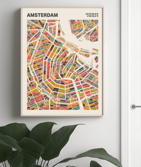 Plattegrond poster Licht Amsterdam mozaiek stl 07 Mockup muur plant lijst 04 | Funky Fellow