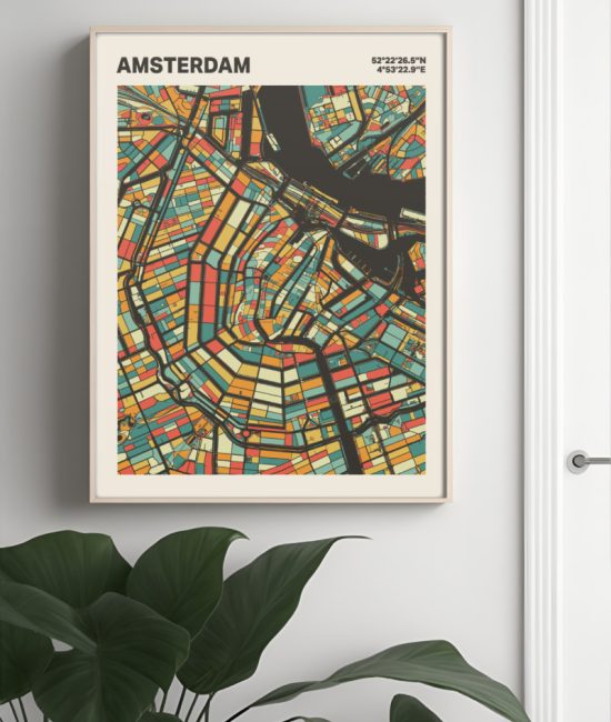 Plattegrond poster Licht Amsterdam mozaiek stl 08 Mockup muur plant lijst 04 | Funky Fellow