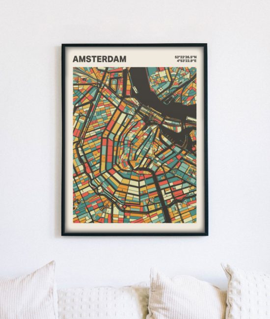 Plattegrond poster Licht Amsterdam mozaiek stl 08 mockup lijst muur bank 02 | Funky Fellow
