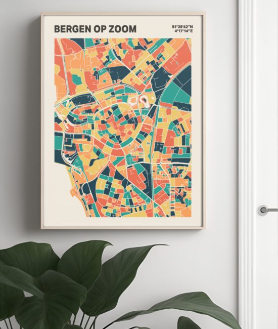 Plattegrond poster Licht Bergen op Zoom mozaiek stl 01 Mockup muur plant lijst 04 | Funky Fellow