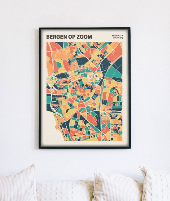 Plattegrond poster Licht Bergen op Zoom mozaiek stl 01 mockup lijst muur bank 02 | Funky Fellow