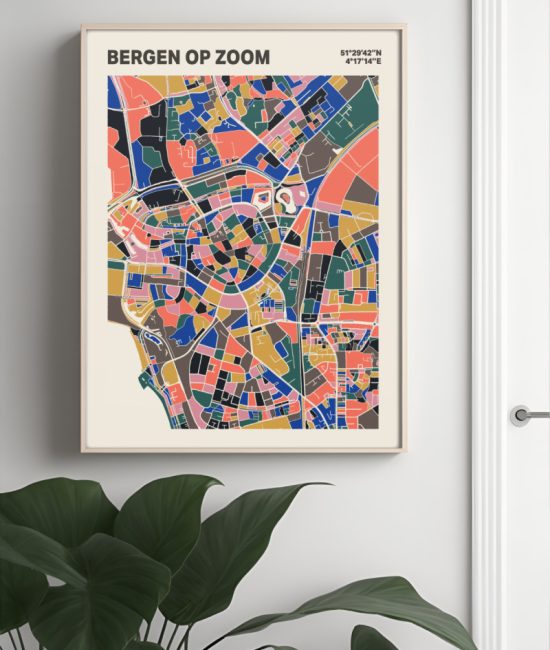 Plattegrond poster Licht Bergen op Zoom mozaiek stl 05 Mockup muur plant lijst 04 | Funky Fellow
