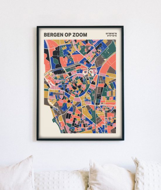 Plattegrond poster Licht Bergen op Zoom mozaiek stl 05 mockup lijst muur bank 02 | Funky Fellow