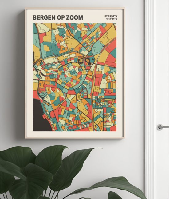 Plattegrond poster Licht Bergen op Zoom mozaiek stl 08 Mockup muur plant lijst 04 | Funky Fellow