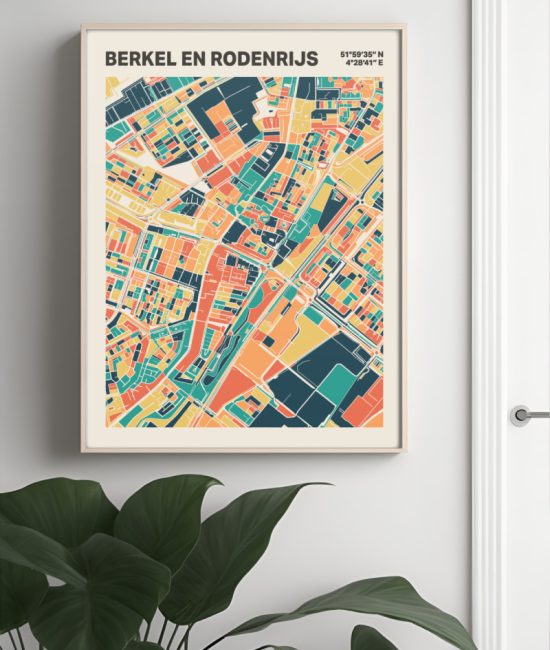 Plattegrond poster Licht Berkel en Rodenrijs mozaiek stl 01 Mockup muur plant lijst 04 | Funky Fellow