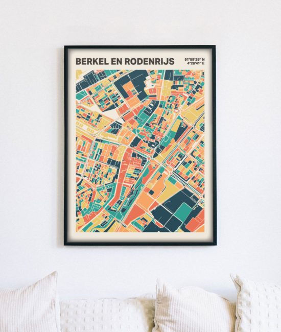 Plattegrond poster Licht Berkel en Rodenrijs mozaiek stl 01 mockup lijst muur bank 02 | Funky Fellow