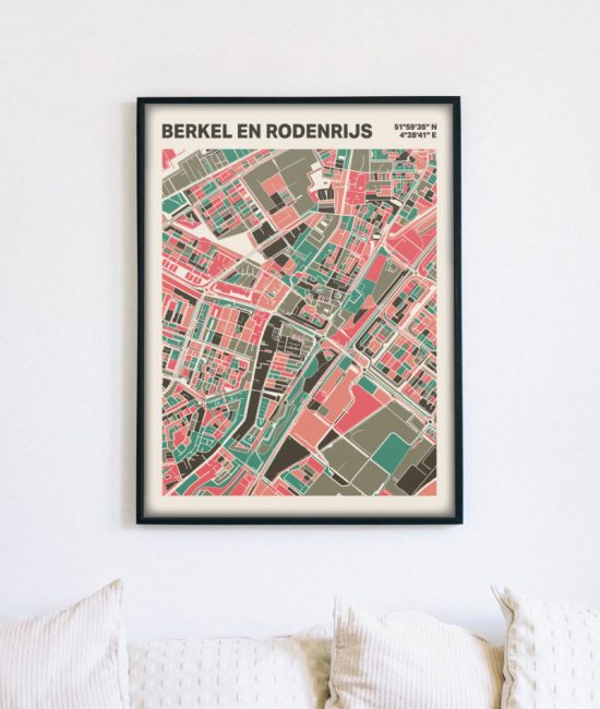 Plattegrond poster Licht Berkel en Rodenrijs mozaiek stl 02 mockup lijst muur bank 02 | Funky Fellow