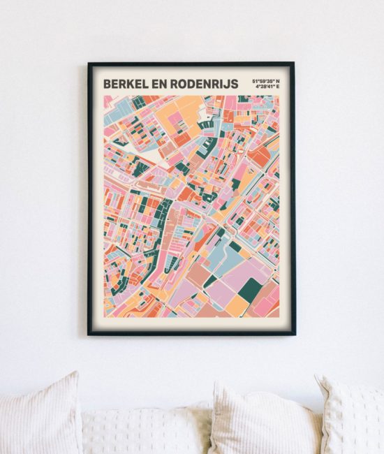 Plattegrond poster Licht Berkel en Rodenrijs mozaiek stl 04 mockup lijst muur bank 02 | Funky Fellow