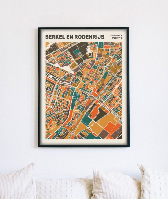 Plattegrond poster Licht Berkel en Rodenrijs mozaiek stl 06 mockup lijst muur bank 02 | Funky Fellow