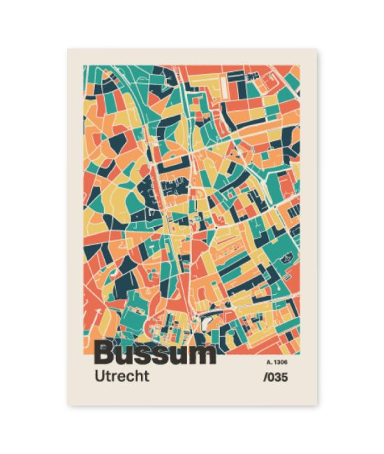 Plattegrond poster Licht Bussum mozaiek stl 01 mockup A6 schaduw voorkant | Funky Fellow