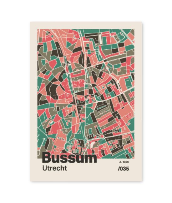 Plattegrond poster Licht Bussum mozaiek stl 02 mockup A6 schaduw voorkant | Funky Fellow
