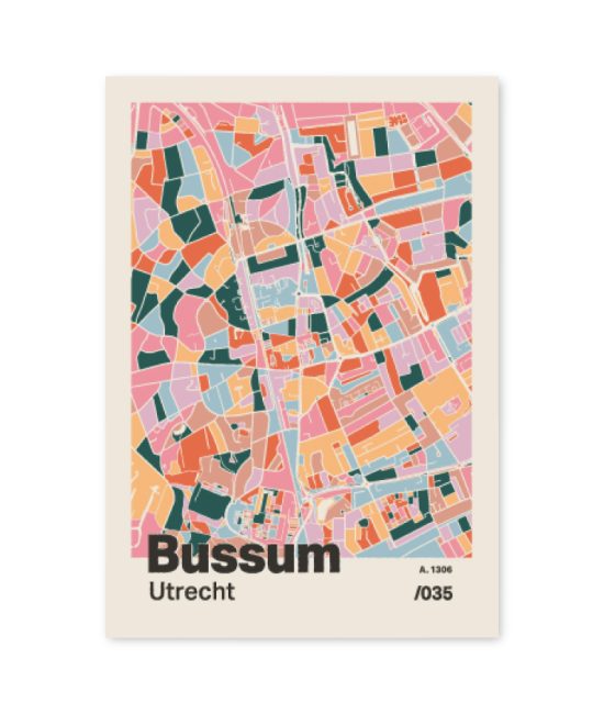 Plattegrond poster Licht Bussum mozaiek stl 04 mockup A6 schaduw voorkant | Funky Fellow