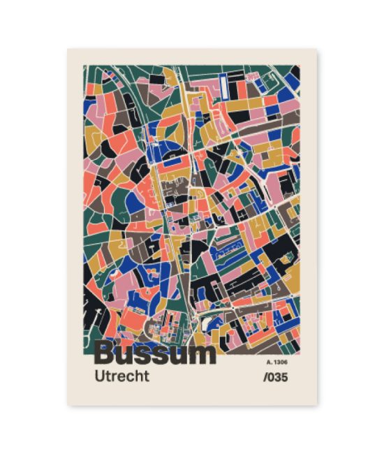 Plattegrond poster Licht Bussum mozaiek stl 05 mockup A6 schaduw voorkant | Funky Fellow