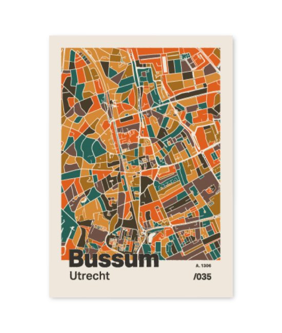 Plattegrond poster Licht Bussum mozaiek stl 06 mockup A6 schaduw voorkant | Funky Fellow