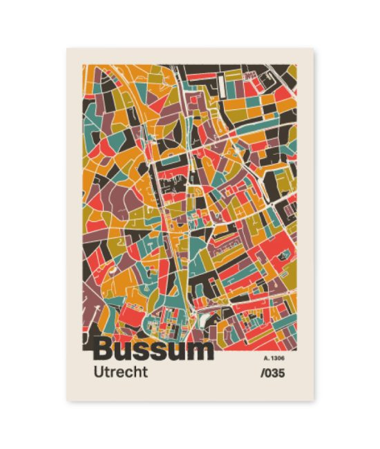 Plattegrond poster Licht Bussum mozaiek stl 07 mockup A6 schaduw voorkant | Funky Fellow