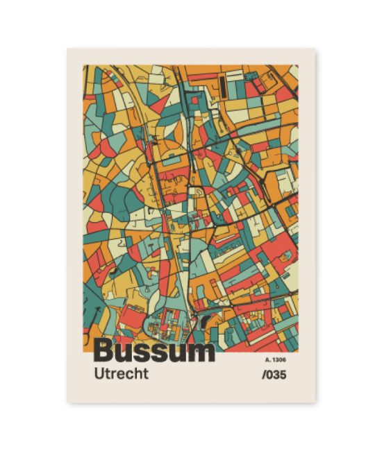 Plattegrond poster Licht Bussum mozaiek stl 08 mockup A6 schaduw voorkant | Funky Fellow