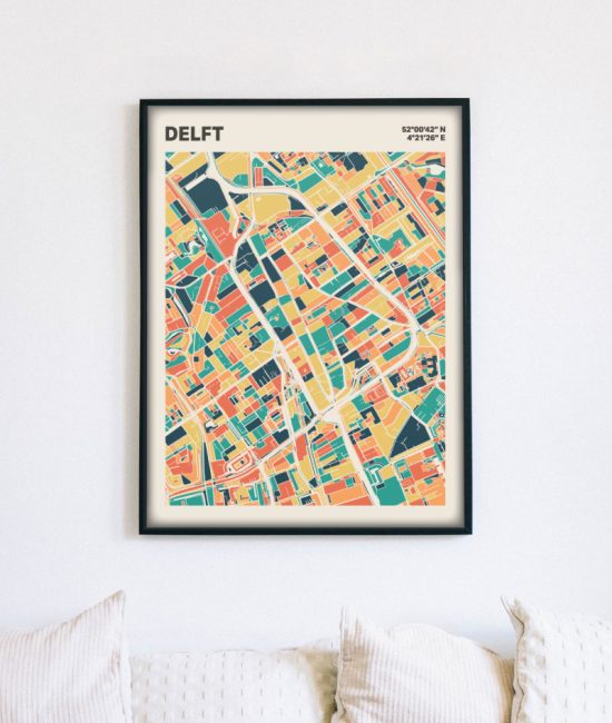 Plattegrond poster Licht Delft mozaiek stl 01 mockup lijst muur bank 02 | Funky Fellow