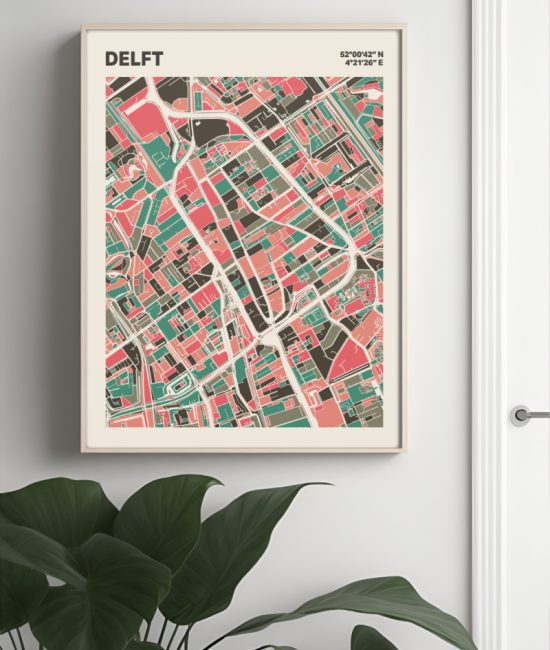 Plattegrond poster Licht Delft mozaiek stl 02 Mockup muur plant lijst 04 | Funky Fellow