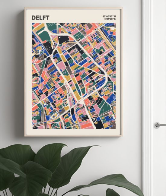 Plattegrond poster Licht Delft mozaiek stl 05 Mockup muur plant lijst 04 | Funky Fellow