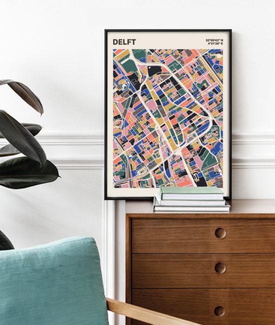 Plattegrond poster Licht Delft mozaiek stl 05 Mockup stoel kast lijst 03 | Funky Fellow