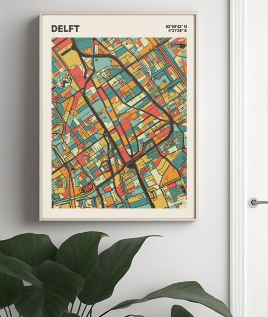 Plattegrond poster Licht Delft mozaiek stl 08 Mockup muur plant lijst 04 | Funky Fellow
