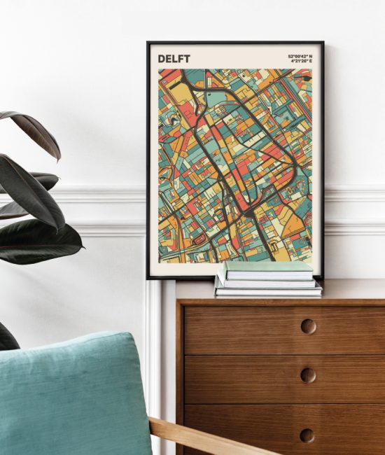 Plattegrond poster Licht Delft mozaiek stl 08 Mockup stoel kast lijst 03 | Funky Fellow