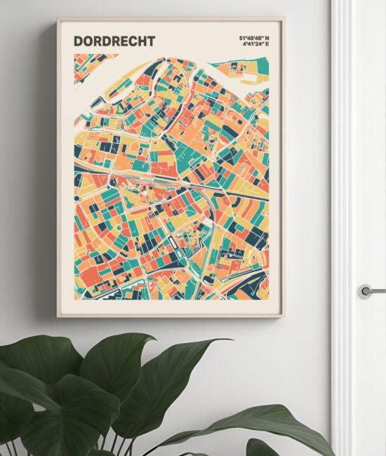 Plattegrond poster Licht Dordrecht mozaiek stl 01 Mockup muur plant lijst 04 | Funky Fellow