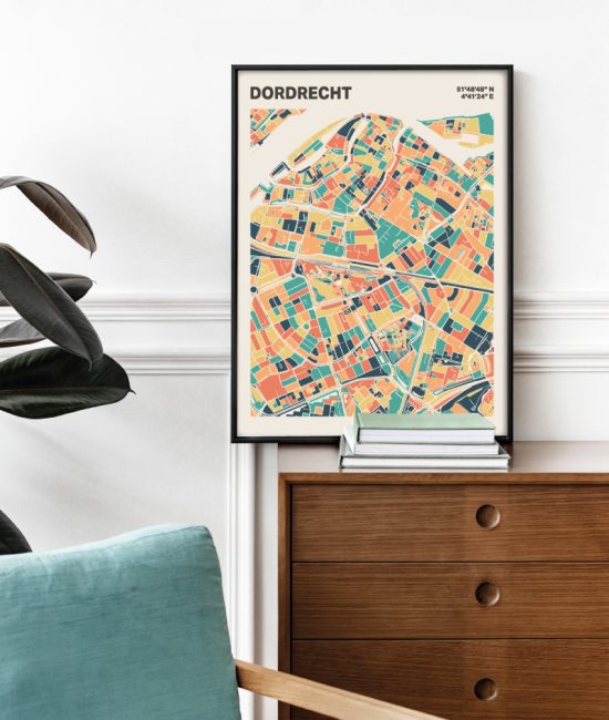 Plattegrond poster Licht Dordrecht mozaiek stl 01 Mockup stoel kast lijst 03 | Funky Fellow